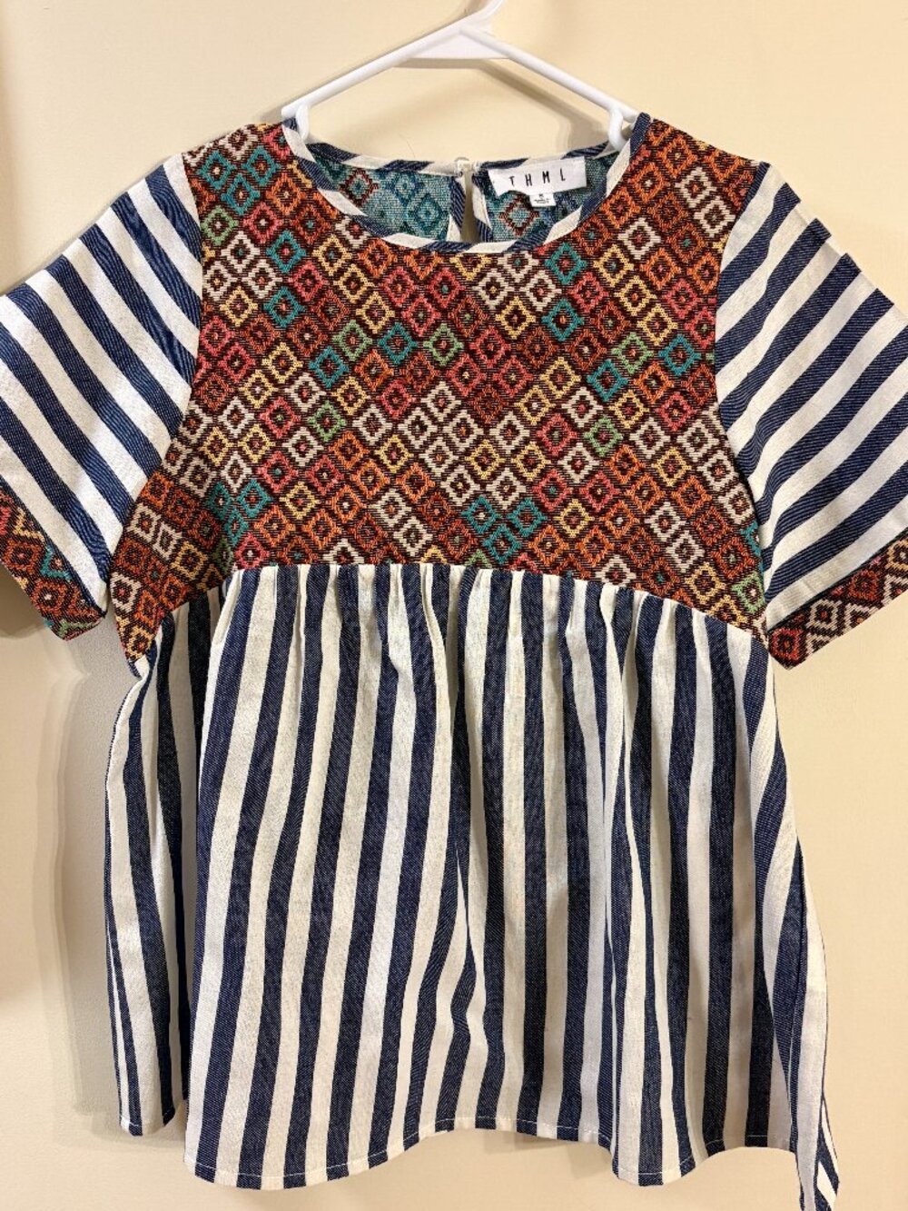 THML Mariah Mixed Media Geometric Embroidered Striped Peplum Top Blouse - Size S
